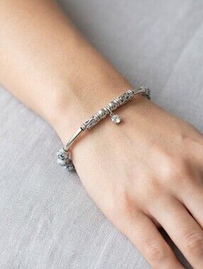 Handcrafted Artisan Silver Tube & Glossy Marbled Glass Bead Charm Bracelet